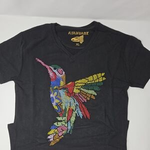 Black T-Shirt with Colorful Hummingbird Design With Rhinestones